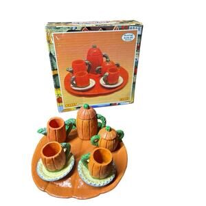 Vintage 90s Hermitage Pottery 10 Piece Mini Tea Set Pumpkin Halloween